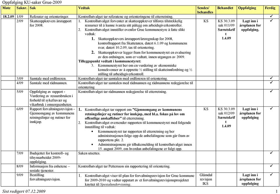 2.09, tas til orientering. 2. Skatteoppkrever legger fram for kommunestyret en evaluering av den ordningen, som er vedtatt, innen utgangen av 2009. Tilleggspunkt vedtatt i kommunestyret: 3.