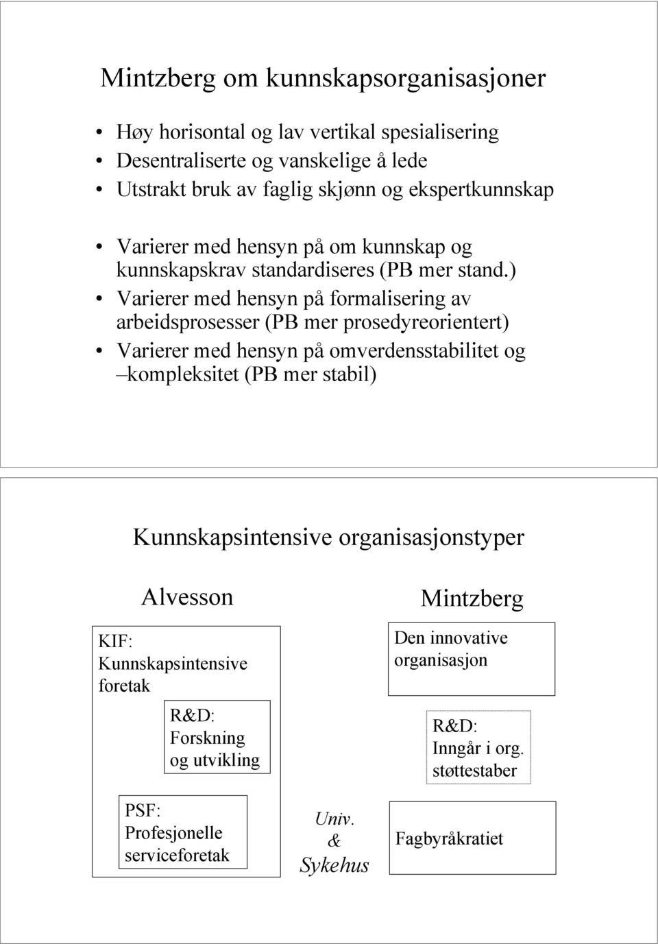 ) Varierer med hensyn på formalisering av arbeidsprosesser (PB mer prosedyreorientert) Varierer med hensyn på omverdensstabilitet og kompleksitet (PB mer stabil)