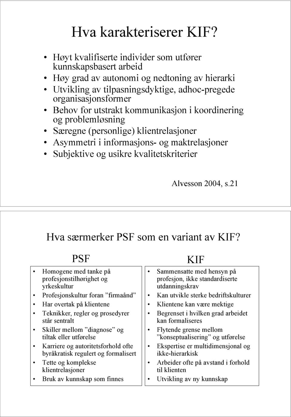 kommunikasjon i koordinering og problemløsning Særegne (personlige) klientrelasjoner Asymmetri i informasjons- og maktrelasjoner Subjektive og usikre kvalitetskriterier Alvesson 2004, s.