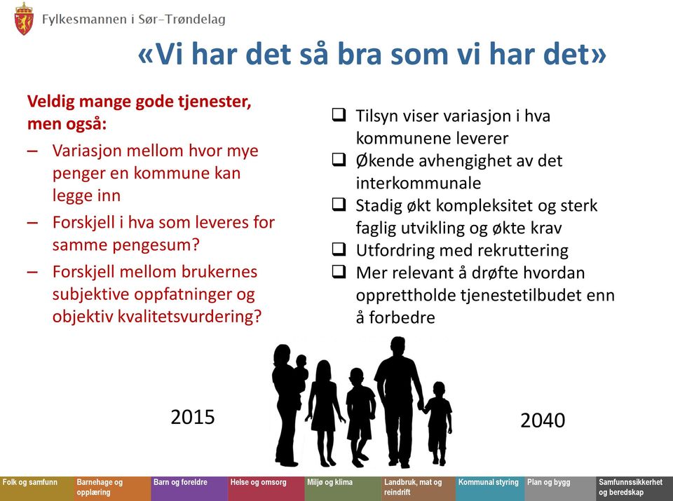 Tilsyn viser variasjon i hva kommunene leverer Økende avhengighet av det interkommunale Stadig økt kompleksitet og sterk faglig