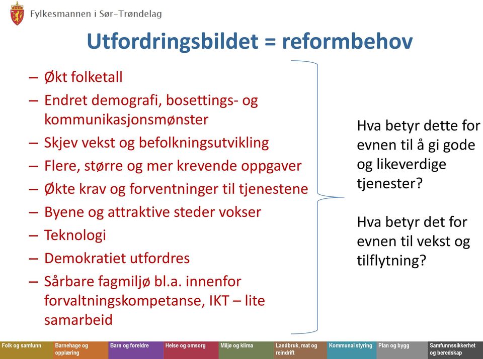 attraktive steder vokser Teknologi Demokratiet utfordres Sårbare fagmiljø bl.a. innenfor forvaltningskompetanse, IKT