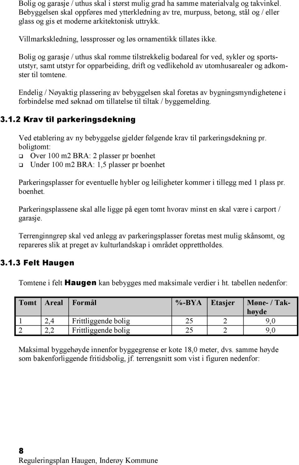 Bolig og garasje / uthus skal romme tilstrekkelig bodareal for ved, sykler og sportsutstyr, samt utstyr for opparbeiding, drift og vedlikehold av utomhusarealer og adkomster til tomtene.