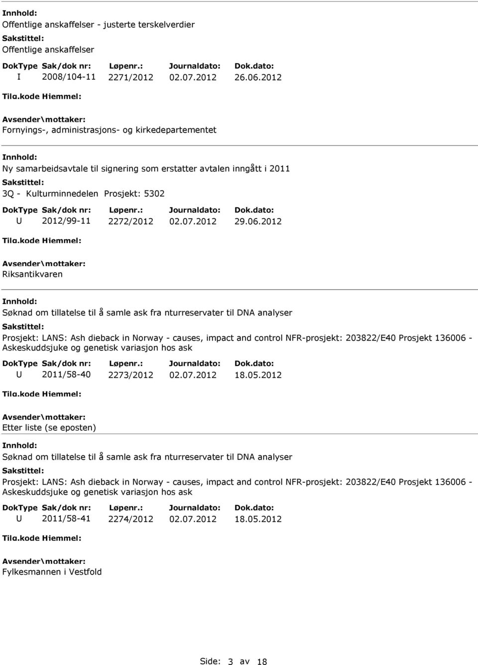 2012 Riksantikvaren Søknad om tillatelse til å samle ask fra nturreservater til DN analyser Prosjekt: LNS: sh dieback in Norway - causes, impact and control NFR-prosjekt: 203822/E40 Prosjekt 136006 -