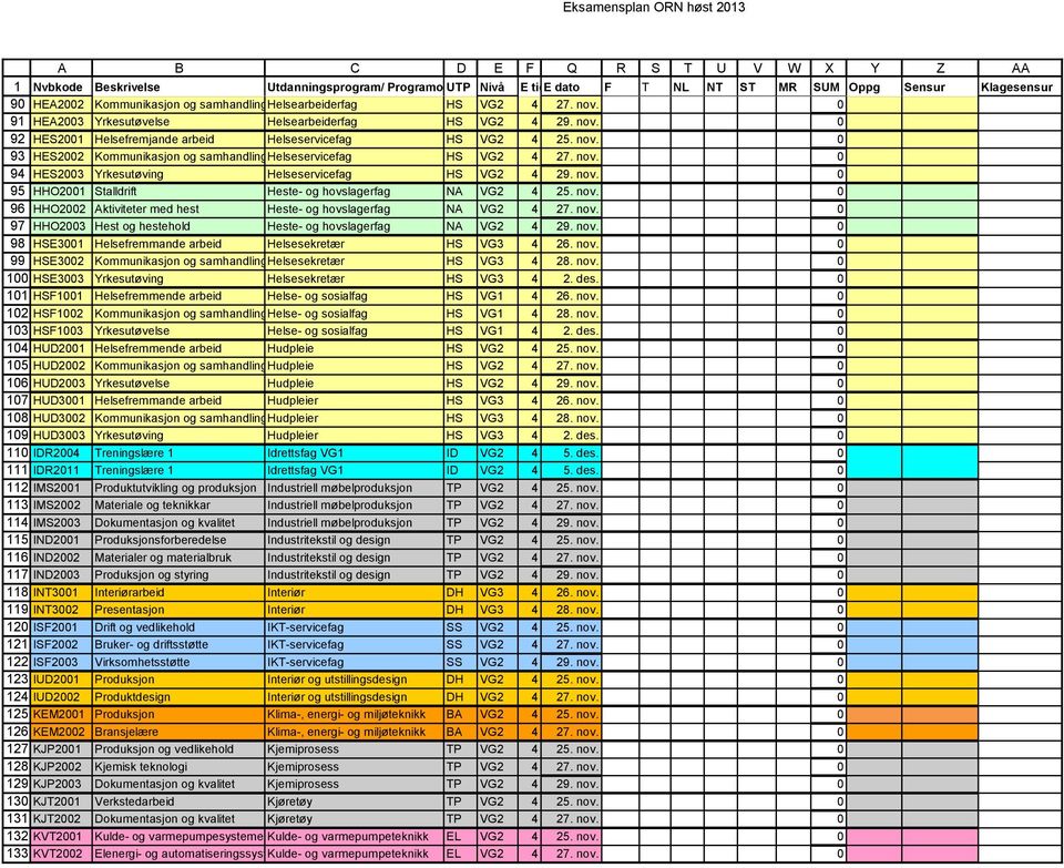 Stalldrift Heste- og hovslagerfag NA HHO22 Aktiviteter med hest Heste- og hovslagerfag NA HHO23 Hest og hestehold Heste- og hovslagerfag NA E31 Helsefremmande arbeid Helsesekretær 26. nov.