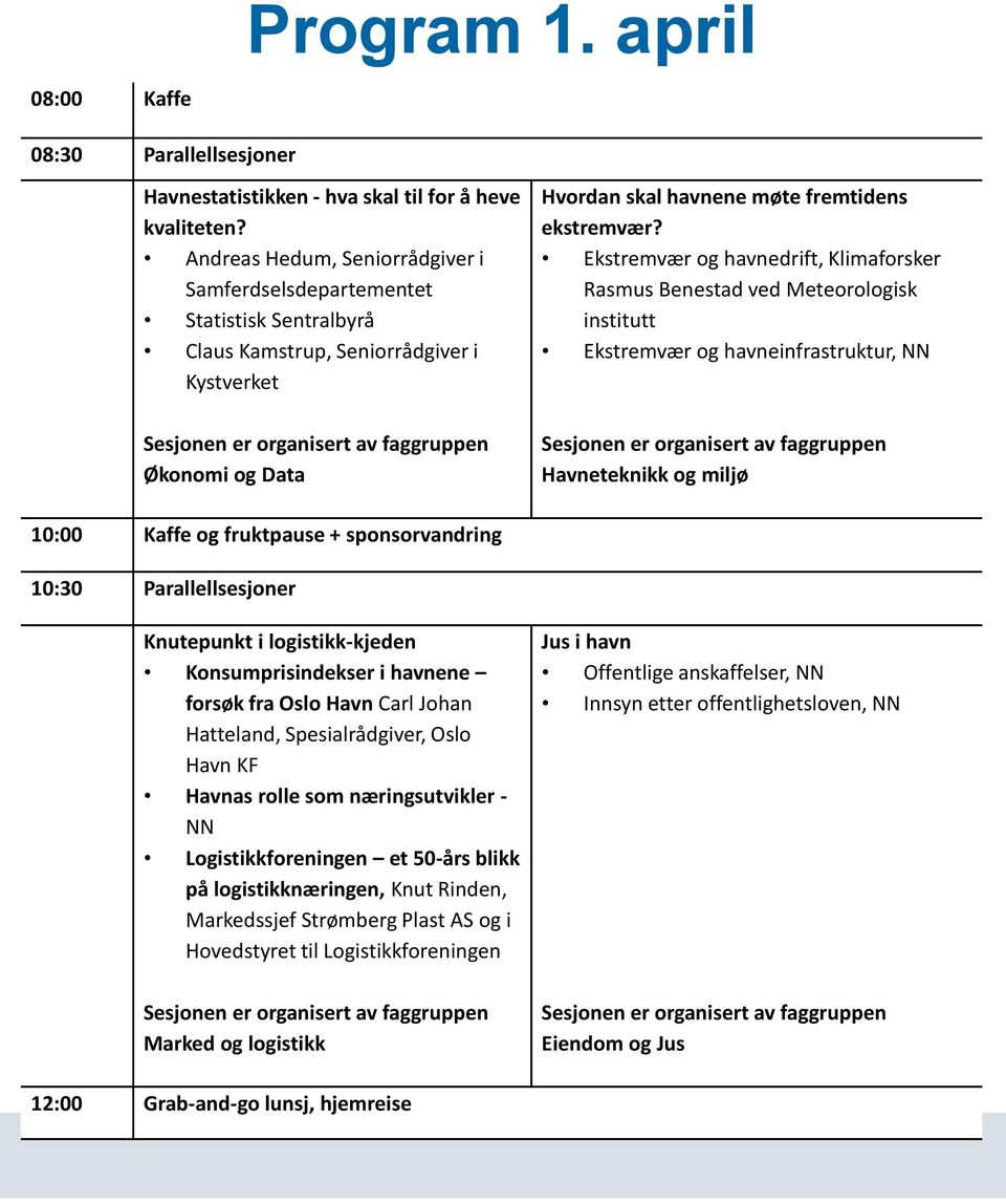 Ekstremvær og havnedrift, Klimaforsker Rasmus Benestad ved Meteorologisk institutt Ekstremvær og havneinfrastruktur, NN Havneteknikk og miljø 10:00 Kaffe og fruktpause + sponsorvandring 10:30