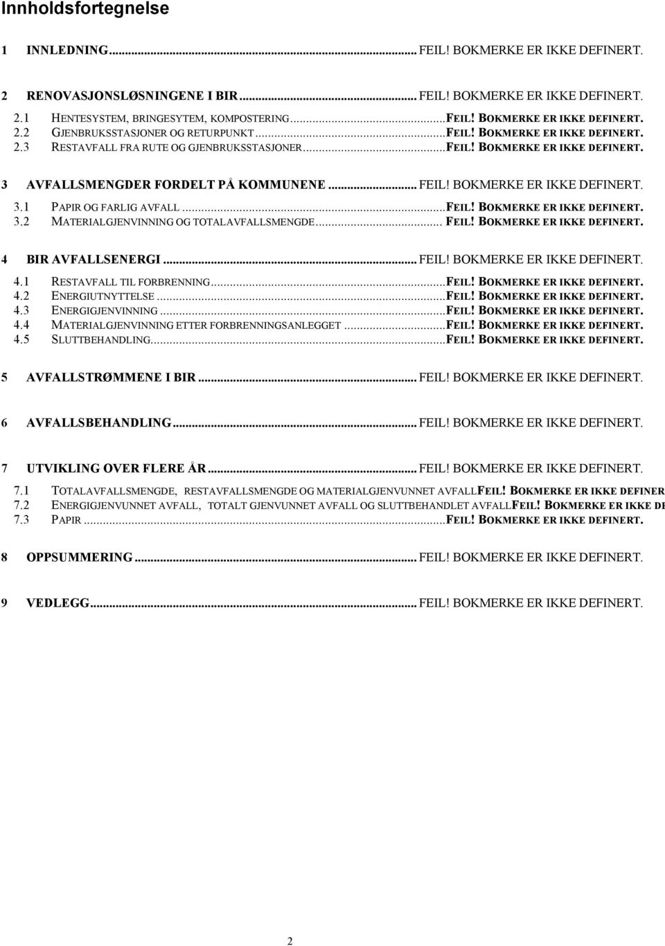 ..FEIL! BOKMERKE ER IKKE DEFINERT. 3.2 MATERIALGJENVINNING OG TOTALAVFALLSMENGDE... FEIL! BOKMERKE ER IKKE DEFINERT. 4 BIR AVFALLSENERGI... FEIL! BOKMERKE ER IKKE DEFINERT. 4.1 RESTAVFALL TIL FORBRENNING.