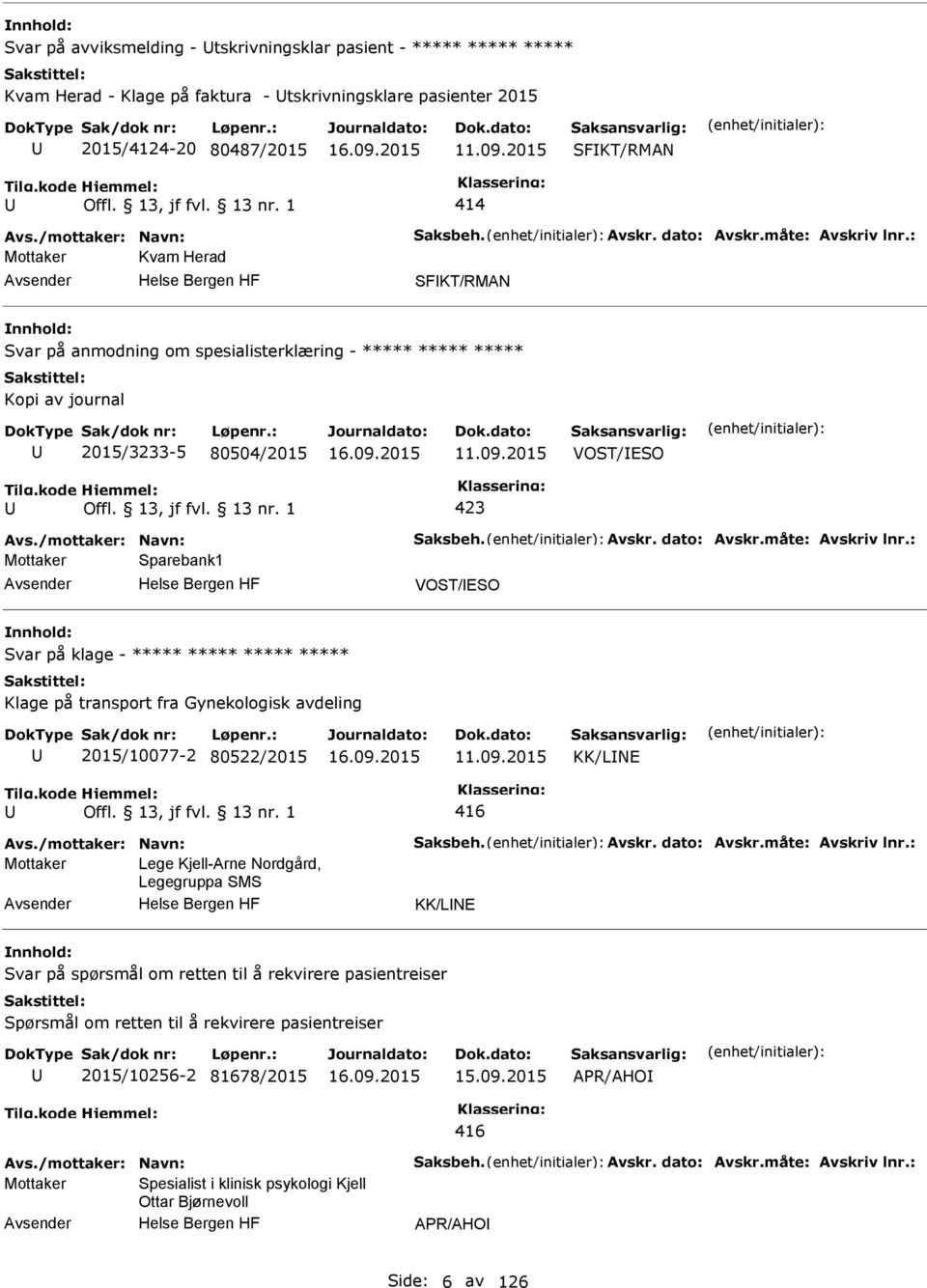 09.2015 VOST/ESO 423 Avs./mottaker: Navn: Saksbeh. Avskr. dato: Avskr.måte: Avskriv lnr.