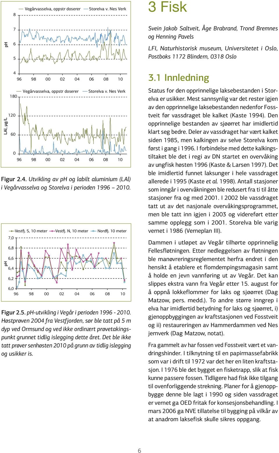4 6 8 1 18 6 Vegårvasselva, oppstr doserer Storelva v. Nes Verk 96 98 2 4 6 8 1 Figur 2.4. Utvikling av ph og labilt aluminium (LAl) i Vegårvasselva og Storelva i perioden 1996 21.
