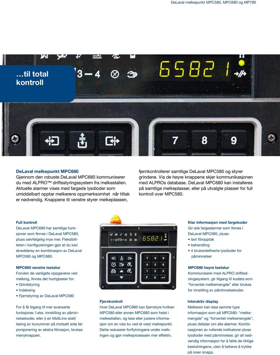 Knappene til venstre styrer melkeplassen, fjernkontrollerer samtlige DeLaval MPC580 og styrer grindene. Via de høyre knappene skjer kommunikasjonen med ALPROs database.