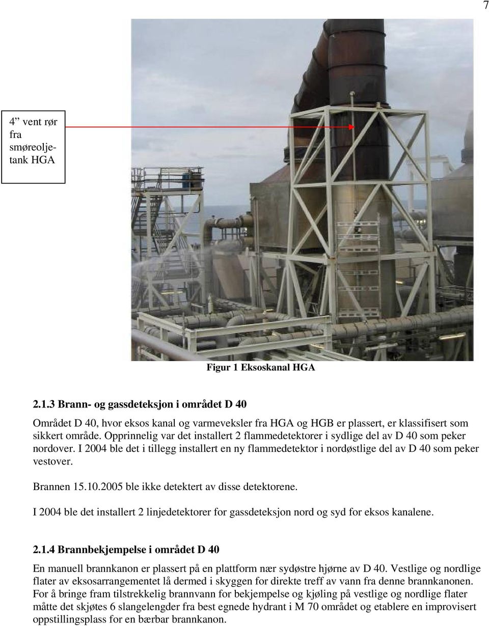 Brannen 15.10.2005 ble ikke detektert av disse detektorene. I 2004 ble det installert 2 linjedetektorer for gassdeteksjon nord og syd for eksos kanalene. 2.1.4 Brannbekjempelse i området D 40 En manuell brannkanon er plassert på en plattform nær sydøstre hjørne av D 40.