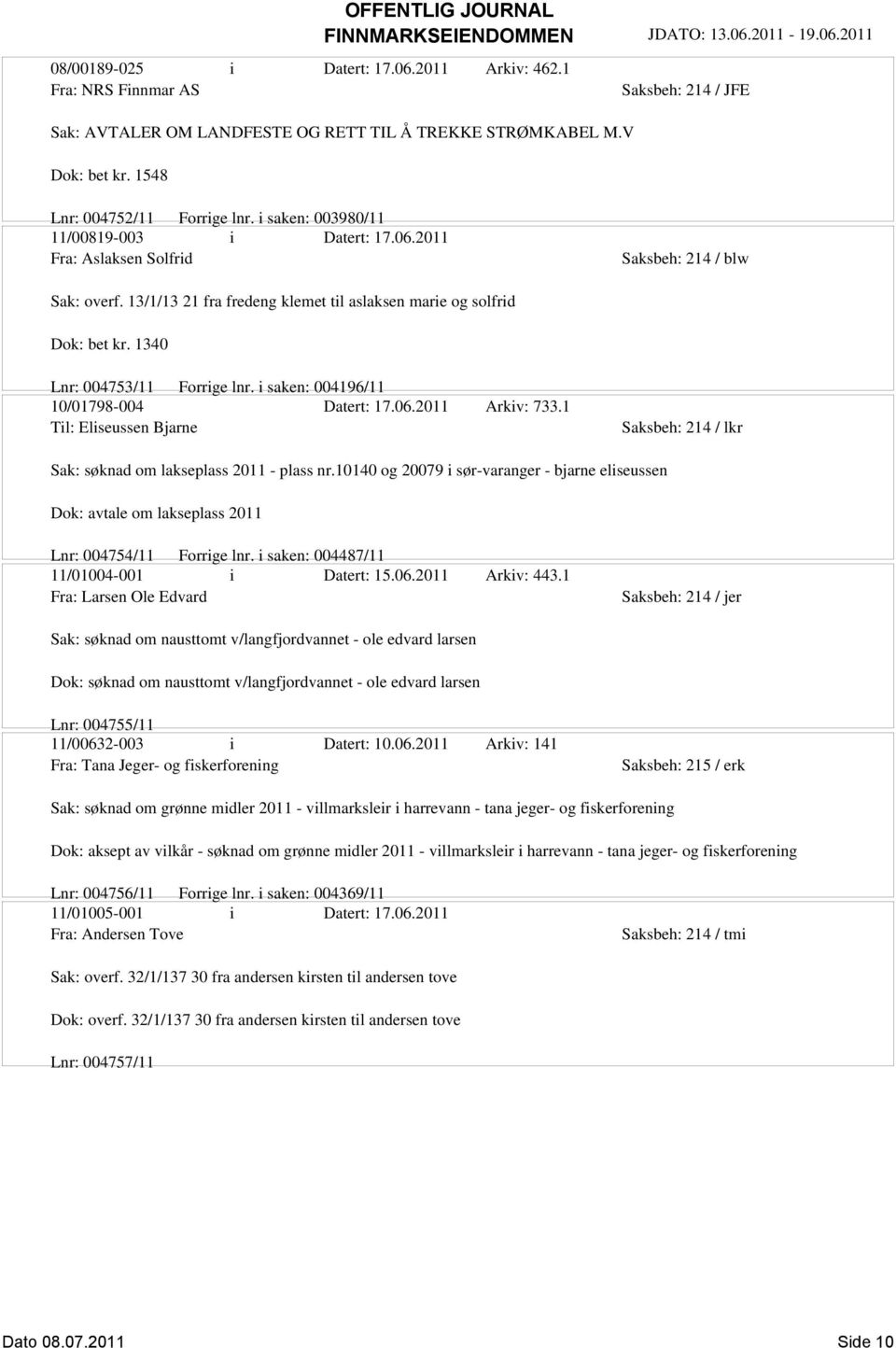 1340 Lnr: 004753/11 Forrige lnr. i saken: 004196/11 10/01798-004 Datert: 17.06.2011 Arkiv: 733.1 Til: Eliseussen Bjarne Saksbeh: 214 / lkr Sak: søknad om lakseplass 2011 - plass nr.