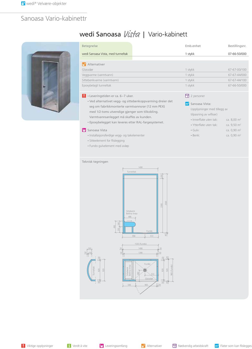 Varmtvannsanlegget må skaffes av kunden. Sanoasa Vista Sanoasa Vista: Innerflate uten tak: ca. 8,00 m 2 Ytterflate uten tak: ca. 9, m 2 Gulv: ca. 0,90 m 2 Benk: ca.