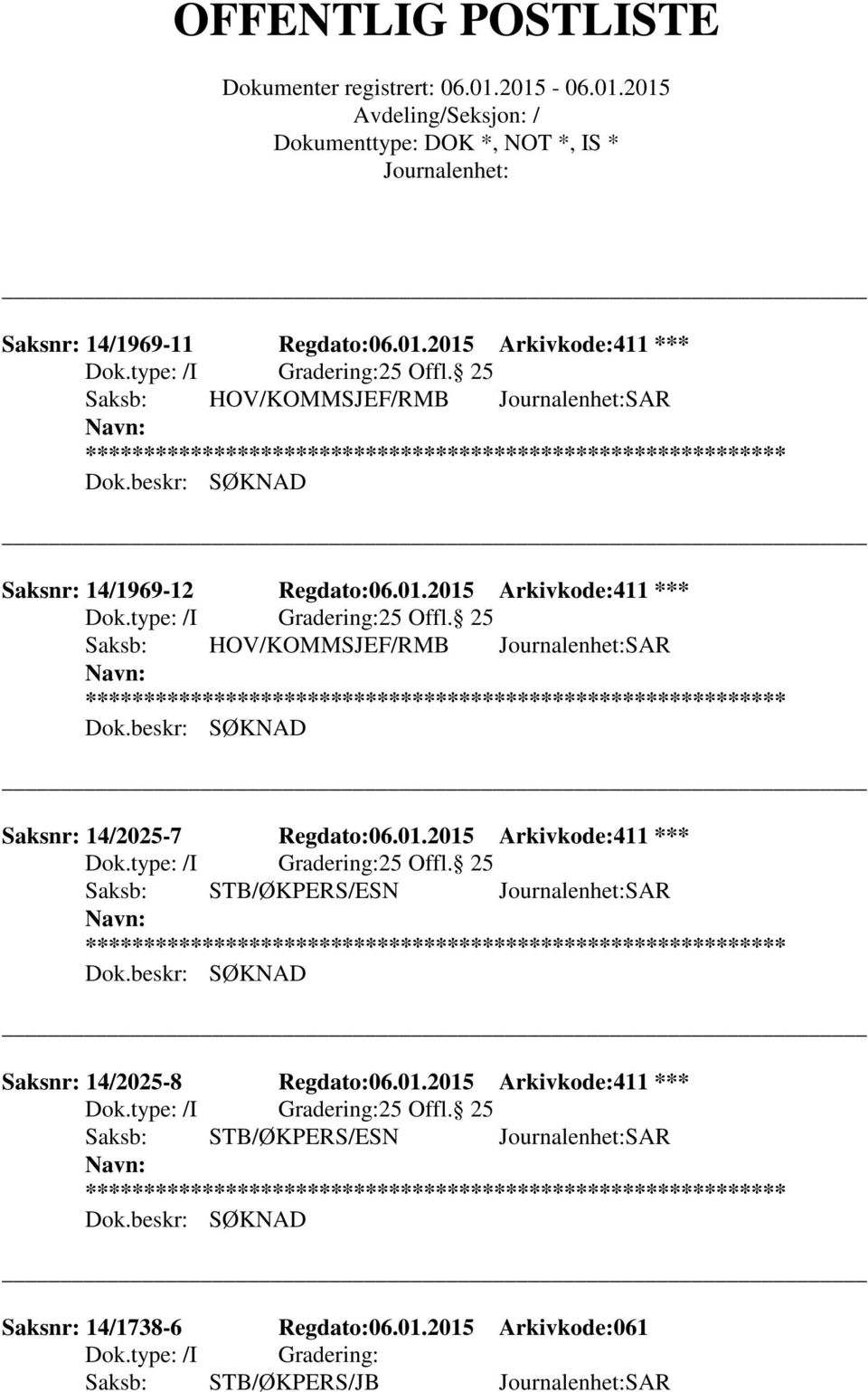 beskr: SØKNAD Saksnr: 14/2025-7 Regdato:06.01.2015 Arkivkode:411 *** 25 Offl. 25 Saksb: STB/ØKPERS/ESN SAR ** Dok.