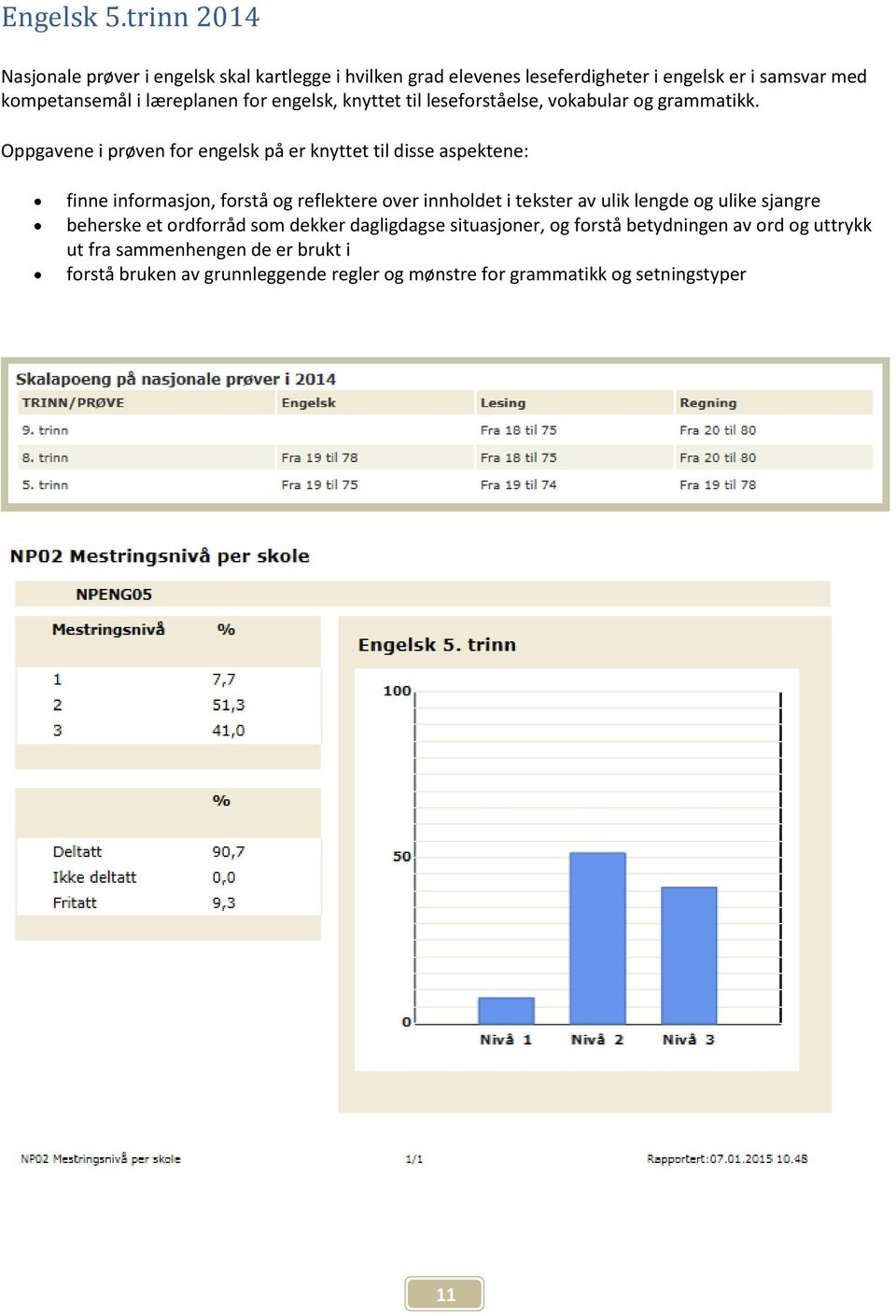 engelsk, knyttet til leseforståelse, vokabular og grammatikk.