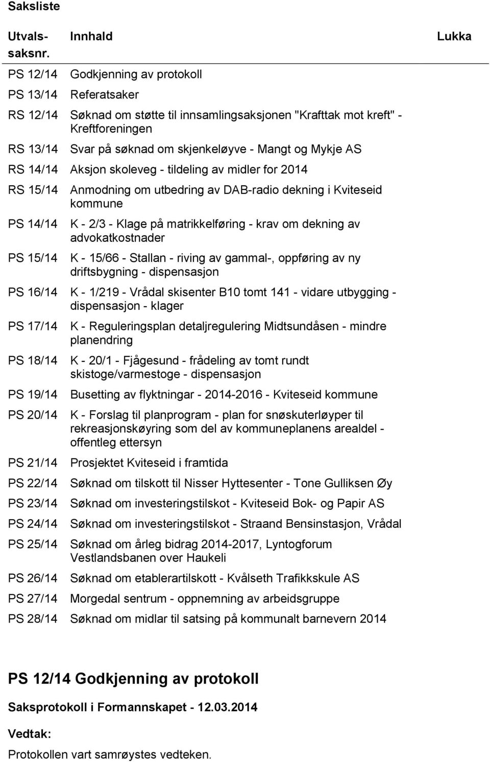 Mangt og Mykje AS RS 14/14 Aksjon skoleveg - tildeling av midler for 2014 RS 15/14 Anmodning om utbedring av DAB-radio dekning i Kviteseid kommune PS 14/14 PS 15/14 K - 2/3 - Klage på matrikkelføring