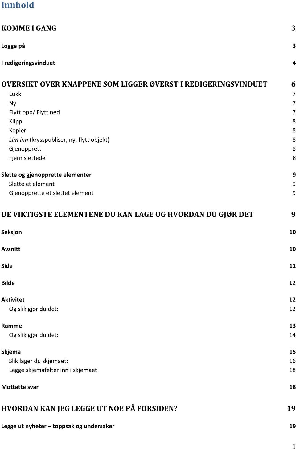 VIKTIGSTE ELEMENTENE DU KAN LAGE OG HVORDAN DU GJØR DET 9 Seksjon 10 Avsnitt 10 Side 11 Bilde 12 Aktivitet 12 Og slik gjør du det: 12 Ramme 13 Og slik gjør du det: 14