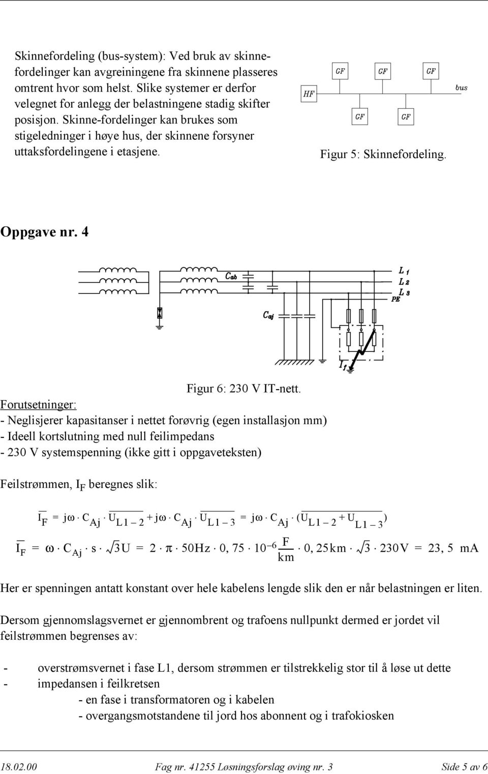 Skinne-fordelinger kan brukes som stigeledninger i høye hus, der skinnene forsyner uttaksfordelingene i etasjene. Figur 5: Skinnefordeling. Oppgave nr. 4 Figur 6: 230 V IT-nett.