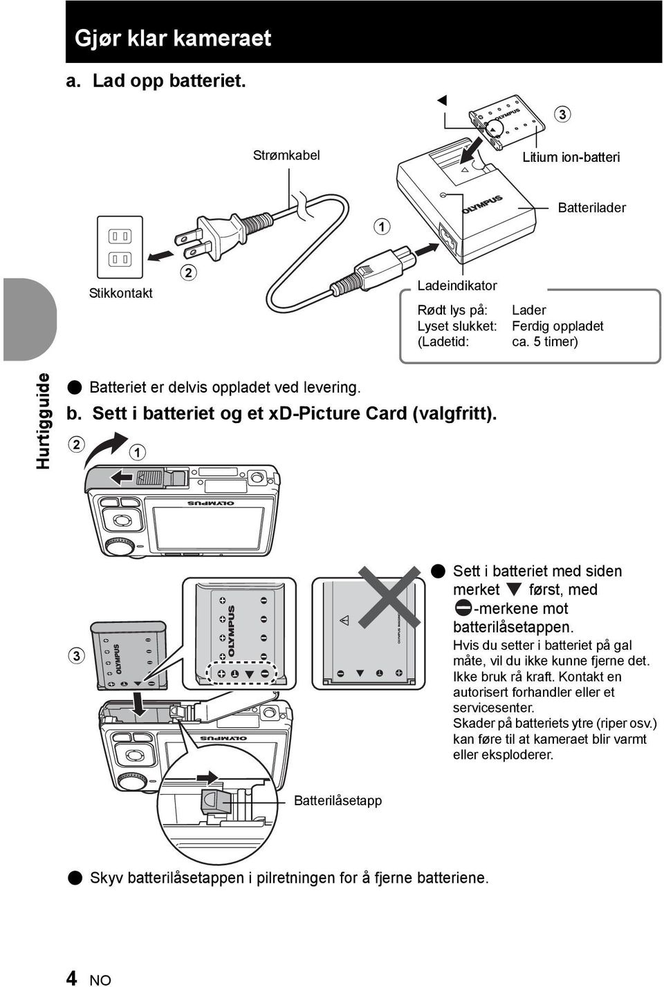 5 timer) Hurtigguide ( Batteriet er delvis oppladet ved levering. b. Sett i batteriet og et xd-picture Card (valgfritt).