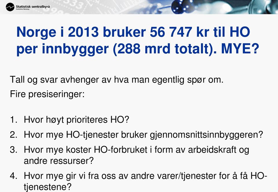 Hvor høyt prioriteres HO? 2. Hvor mye HO-tjenester bruker gjennomsnittsinnbyggeren? 3.