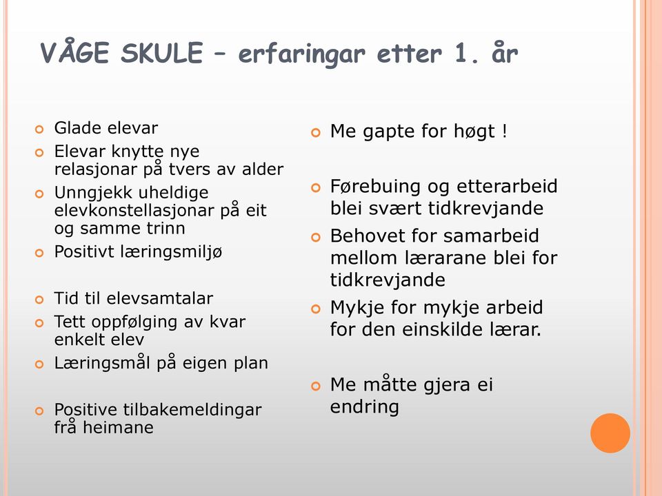 Positivt læringsmiljø Tid til elevsamtalar Tett oppfølging av kvar enkelt elev Læringsmål på eigen plan Positive