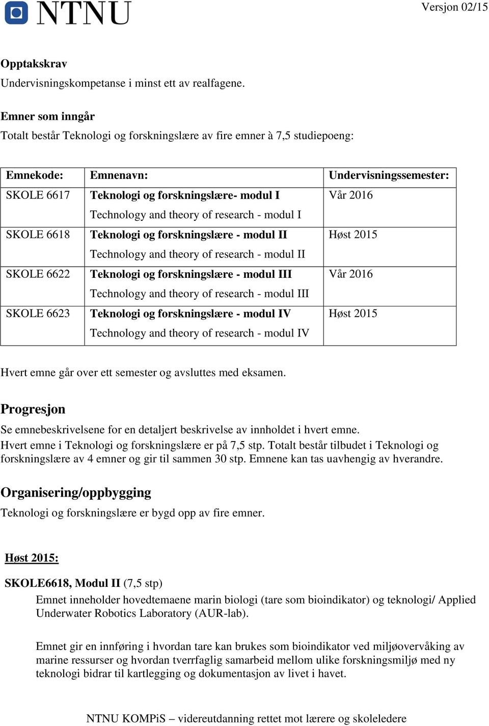 Technology and theory of research - modul I SKOLE 6618 Teknologi og forskningslære - modul II Høst 2015 Technology and theory of research - modul II SKOLE 6622 Teknologi og forskningslære - modul III