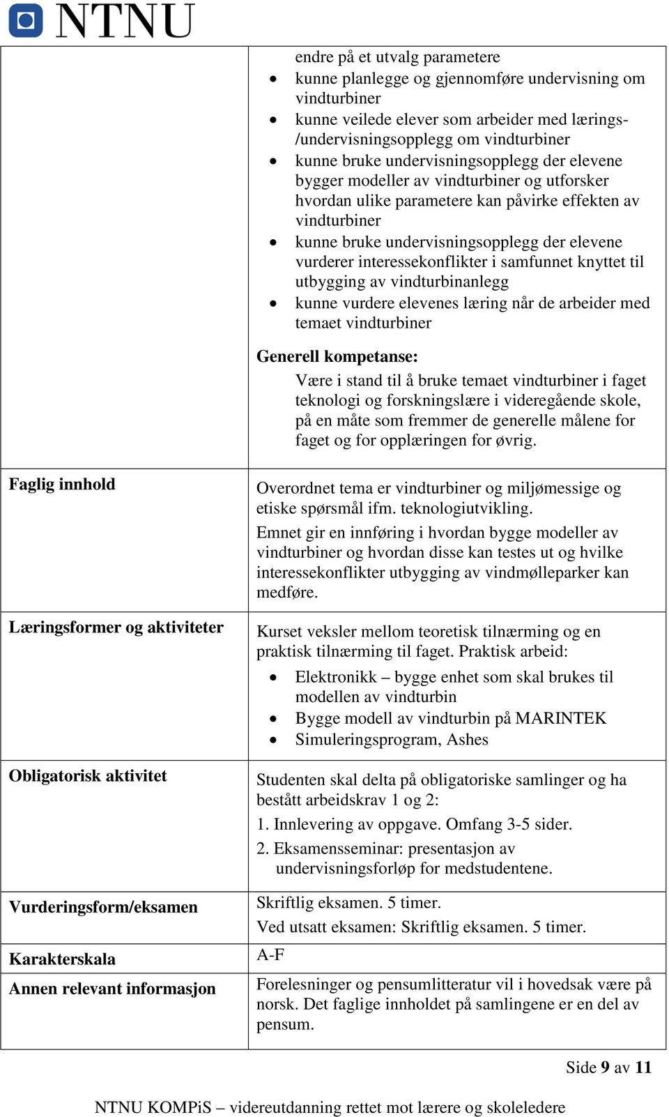 interessekonflikter i samfunnet knyttet til utbygging av vindturbinanlegg kunne vurdere elevenes læring når de arbeider med temaet vindturbiner Generell kompetanse: Være i stand til å bruke temaet