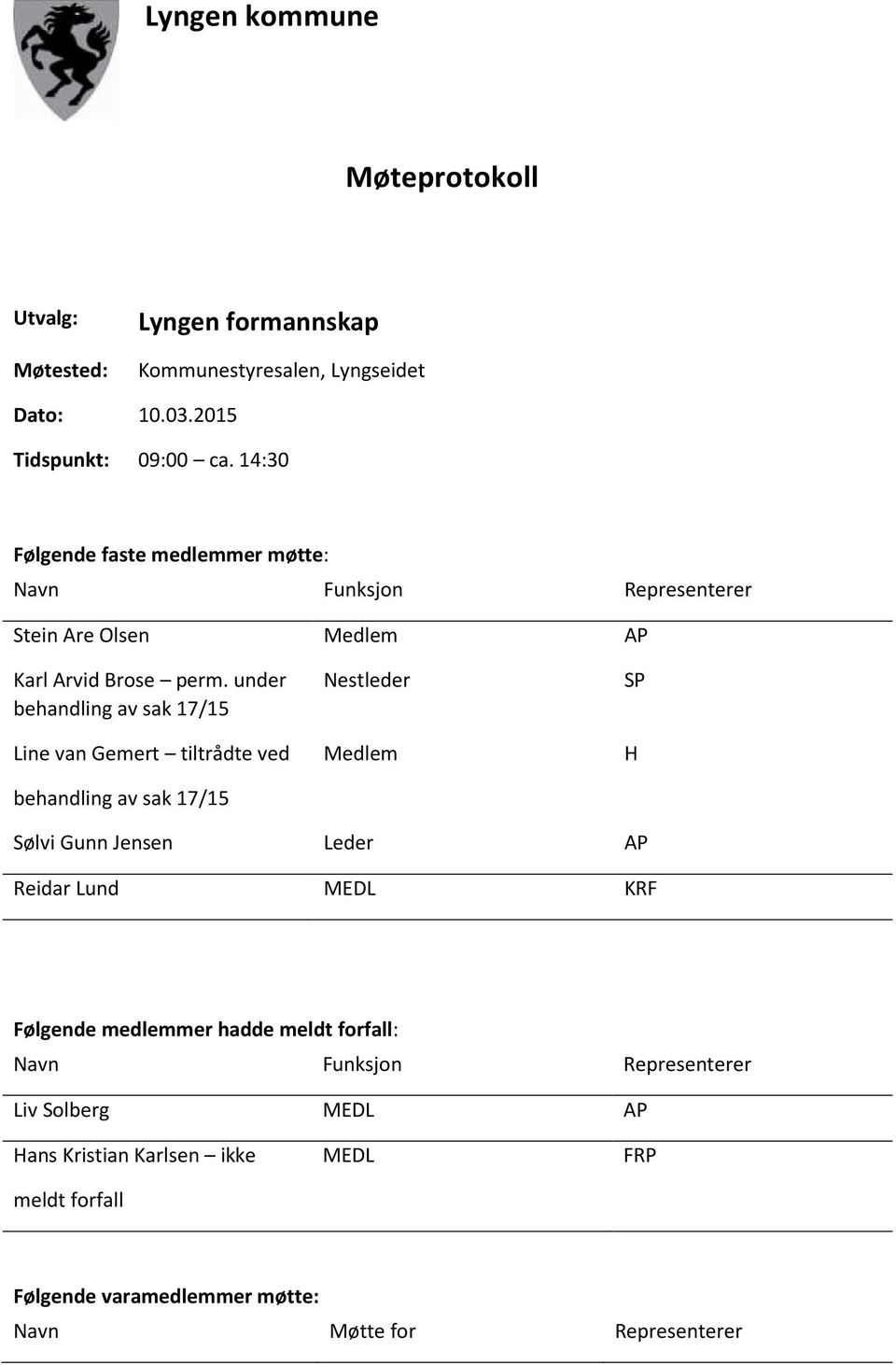 under behandling av sak 17/15 Line van Gemert tiltrådte ved behandling av sak 17/15 Nestleder Medlem SP H Sølvi Gunn Jensen Leder AP Reidar Lund MEDL