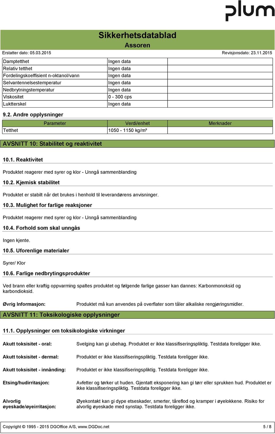 Kjemisk stabilitet Produktet er stabilt når det brukes i henhold til leverandørens anvisninger. 10.3. Mulighet for farlige reaksjoner Produktet reagerer med syrer og klor - Unngå sammenblanding 10.4.