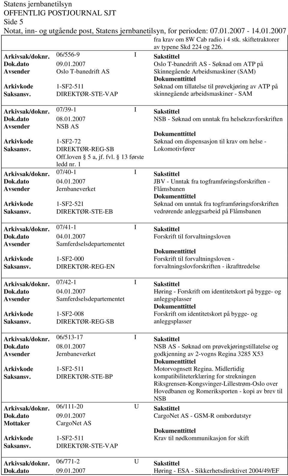 1-SF2-511 DIREKTØR-STE-VAP Søknad om tillatelse til prøvekjøring av ATP på skinnegående arbeidsmaskiner - SAM Arkivsak/doknr.