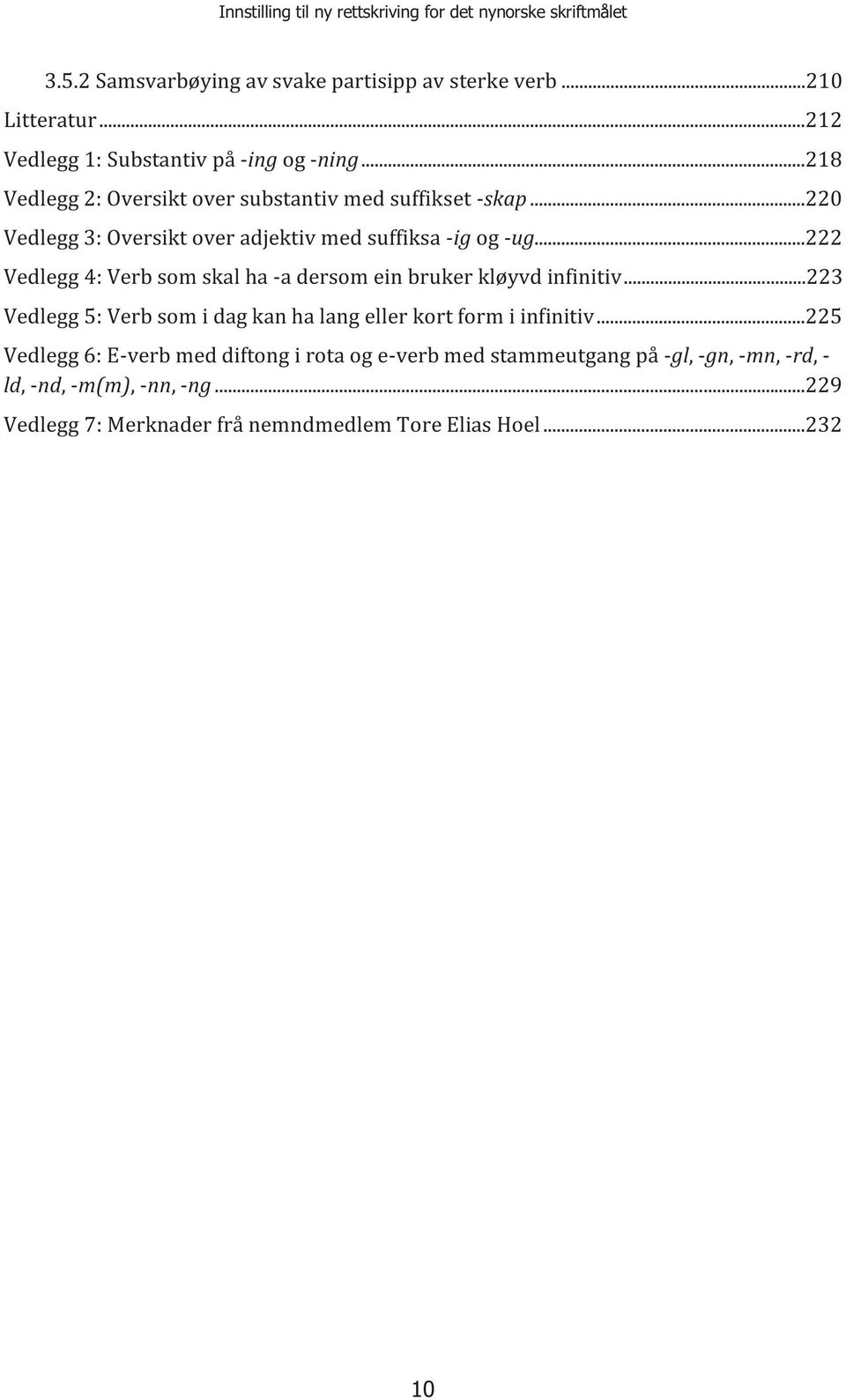 ..222 Vedlegg 4: Verb som skal ha -a dersom ein bruker kløyvd infinitiv...223 Vedlegg 5: Verb som i dag kan ha lang eller kort form i infinitiv.