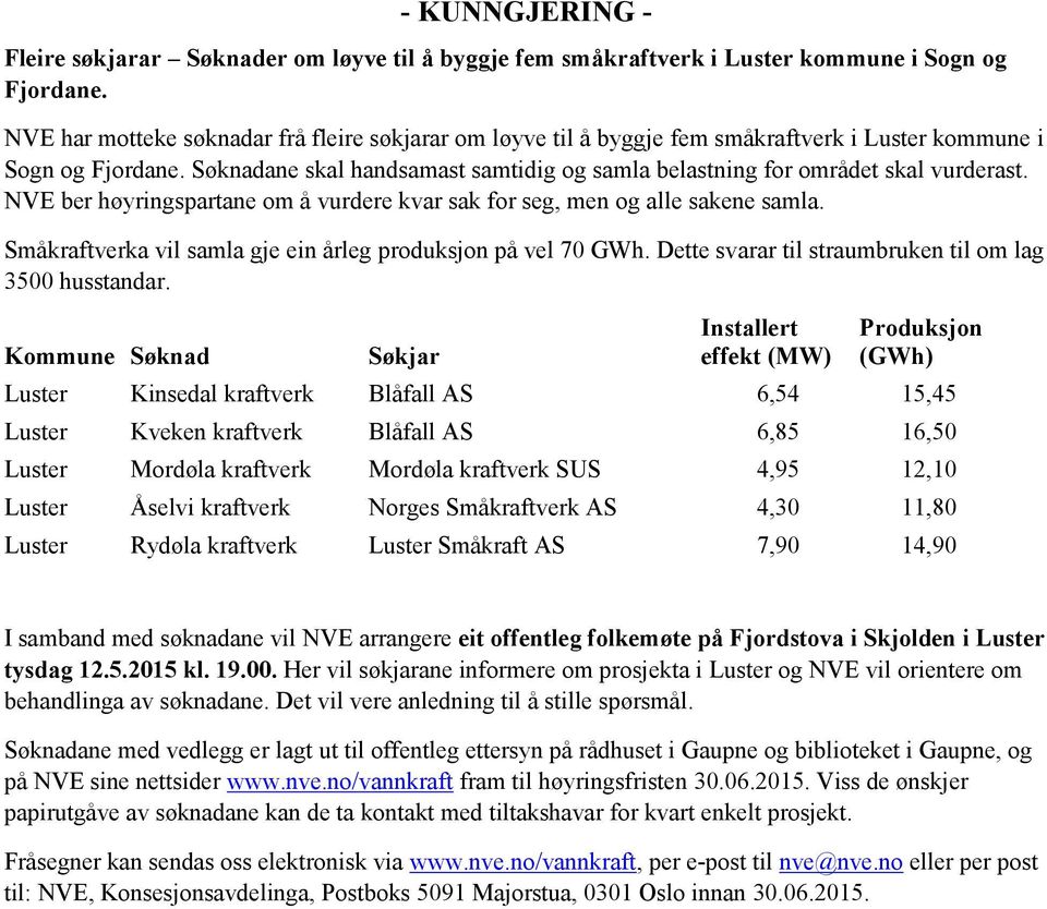 Søknadane skal handsamast samtidig og samla belastning for området skal vurderast. NVE ber høyringspartane om å vurdere kvar sak for seg, men og alle sakene samla.