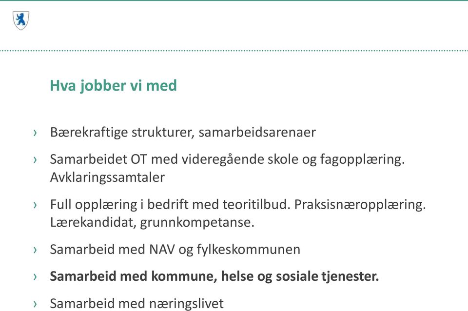 Avklaringssamtaler Full opplæring i bedrift med teoritilbud. Praksisnæropplæring.