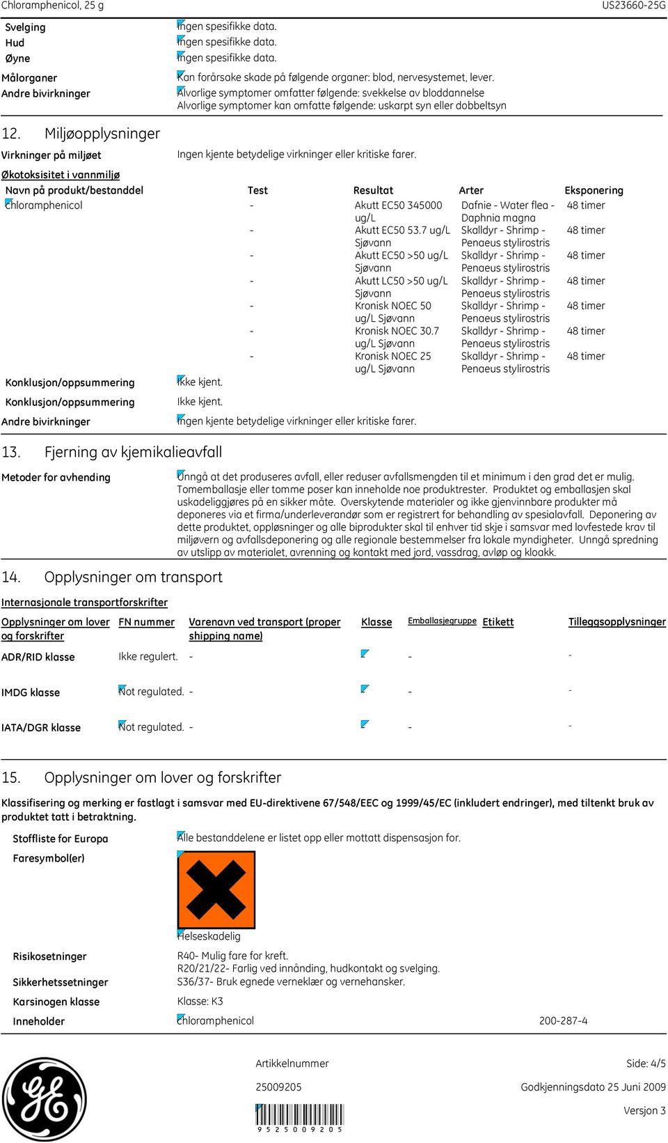 Miljøopplysninger Virkninger på miljøet Økotoksisitet i vannmiljø Navn på produkt/bestanddel Test Resultat Arter Eksponering chloramphenicol Akutt EC50 345000 Dafnie Water flea 48 timer ug/l Daphnia