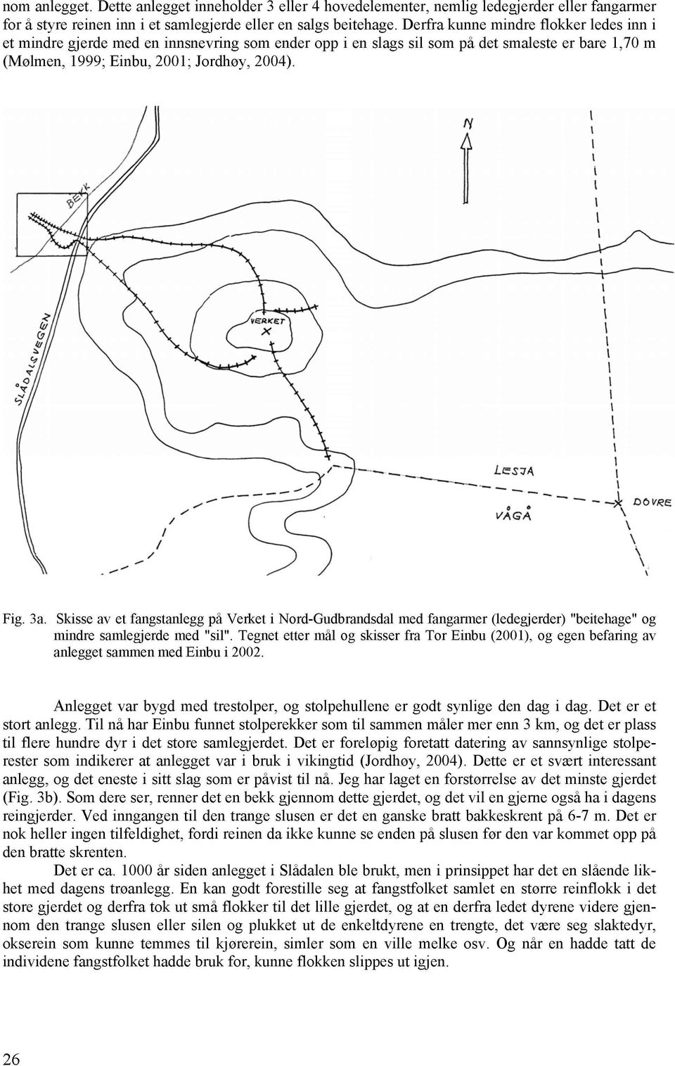 Skisse av et fangstanlegg på Verket i Nord-Gudbrandsdal med fangarmer (ledegjerder) "beitehage" og mindre samlegjerde med "sil".