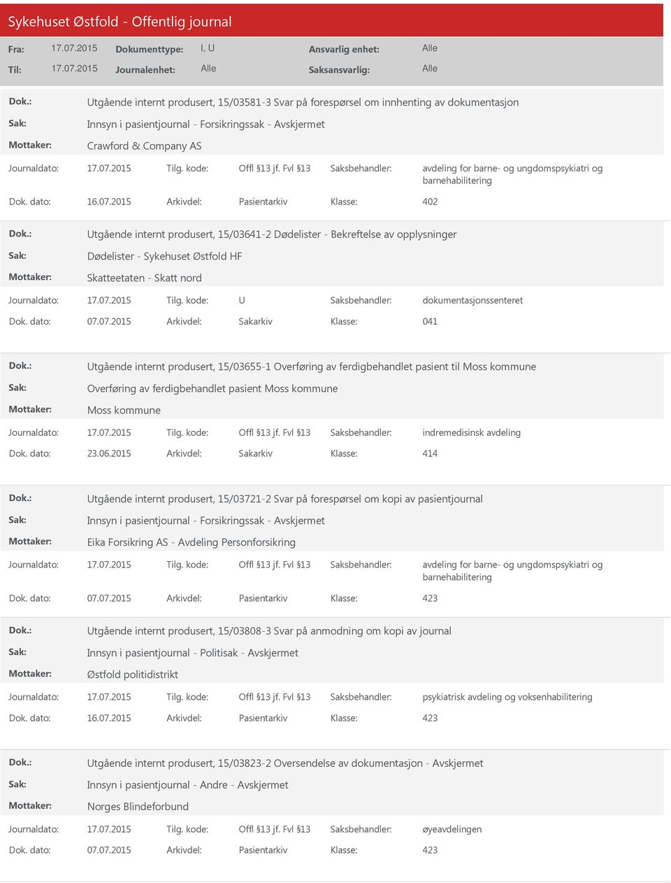 2015 Arkivdel: Pasientarkiv 402 tgående internt produsert, 15/03641-2 Dødelister - Bekreftelse av opplysninger Dødelister - Sykehuset Østfold HF Skatteetaten - Skatt nord dokumentasjonssenteret Dok.