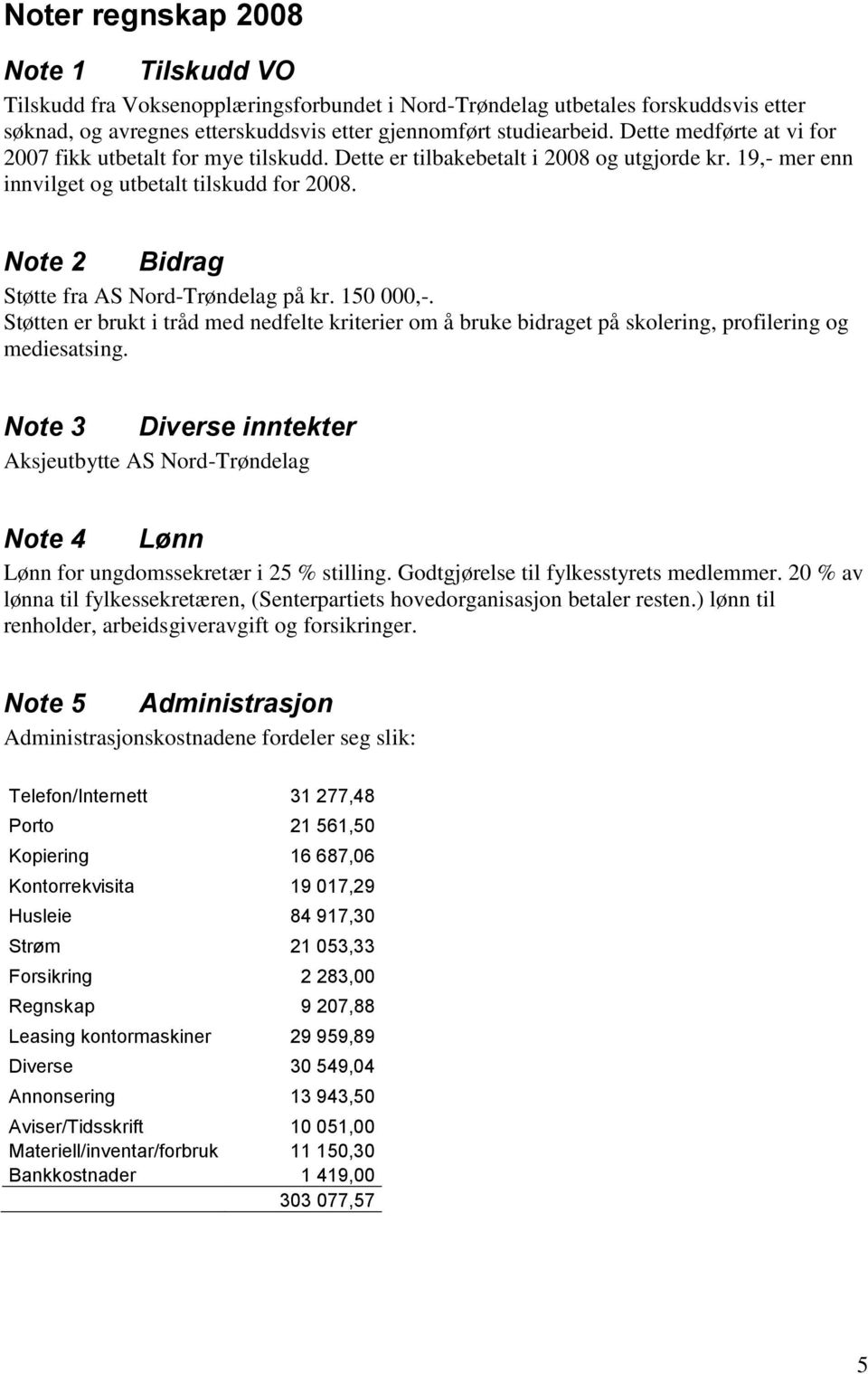 Note 2 Bidrag Støtte fra AS Nord-Trøndelag på kr. 150 000,-. Støtten er brukt i tråd med nedfelte kriterier om å bruke bidraget på skolering, profilering og mediesatsing.