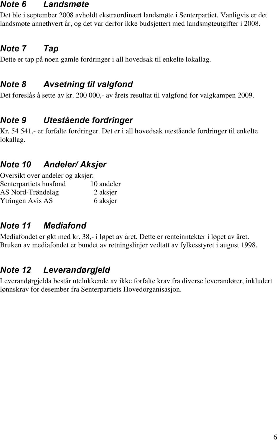 200 000,- av årets resultat til valgfond for valgkampen 2009. Note 9 Utestående fordringer Kr. 54 541,- er forfalte fordringer. Det er i all hovedsak utestående fordringer til enkelte lokallag.