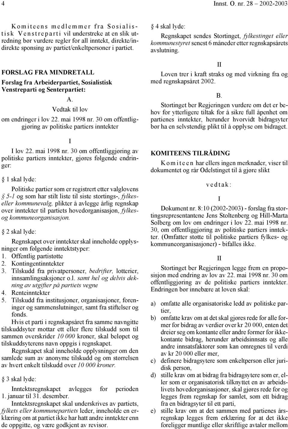 partiet/enkeltpersoner i partiet. FORSLAG FRA MNDRETALL Forslag fra Arbeiderpartiet, Sosialistisk Venstreparti og Senterpartiet: A. lov 22. mai 1998 nr.