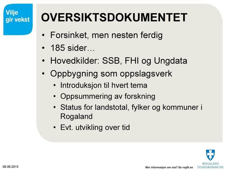 Introduksjon til hvert tema Oppsummering av forskning Status