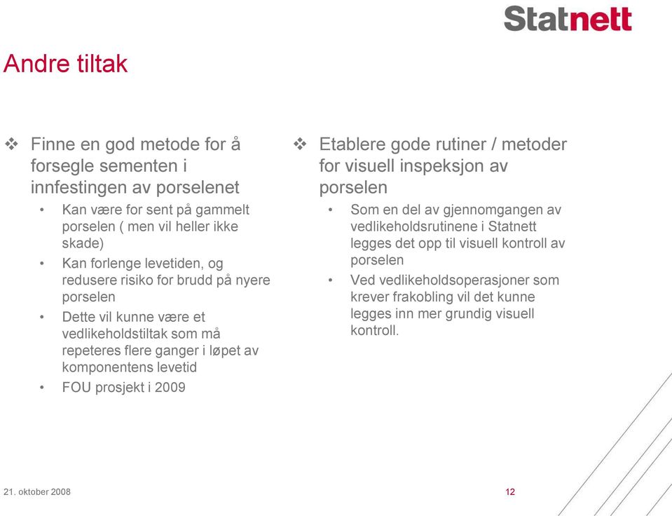 komponentens levetid FOU prosjekt i 2009 Etablere gode rutiner / metoder for visuell inspeksjon av porselen Som en del av gjennomgangen av vedlikeholdsrutinene i