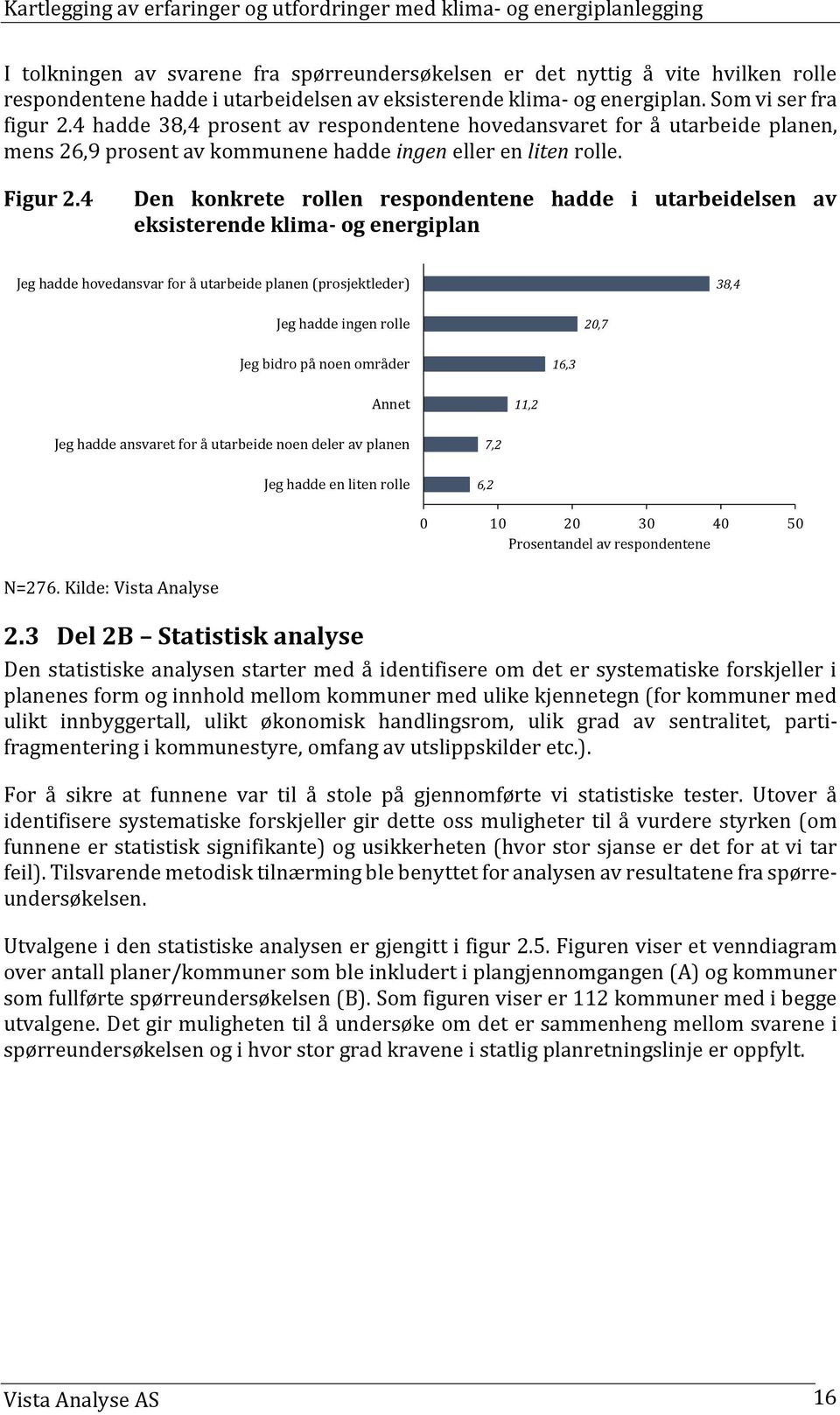 4 Den konkrete rollen respondentene hadde i utarbeidelsen av eksisterende klima- og energiplan Jeg hadde hovedansvar for å utarbeide planen (prosjektleder) 38,4 Jeg hadde ingen rolle 2,7 Jeg bidro på