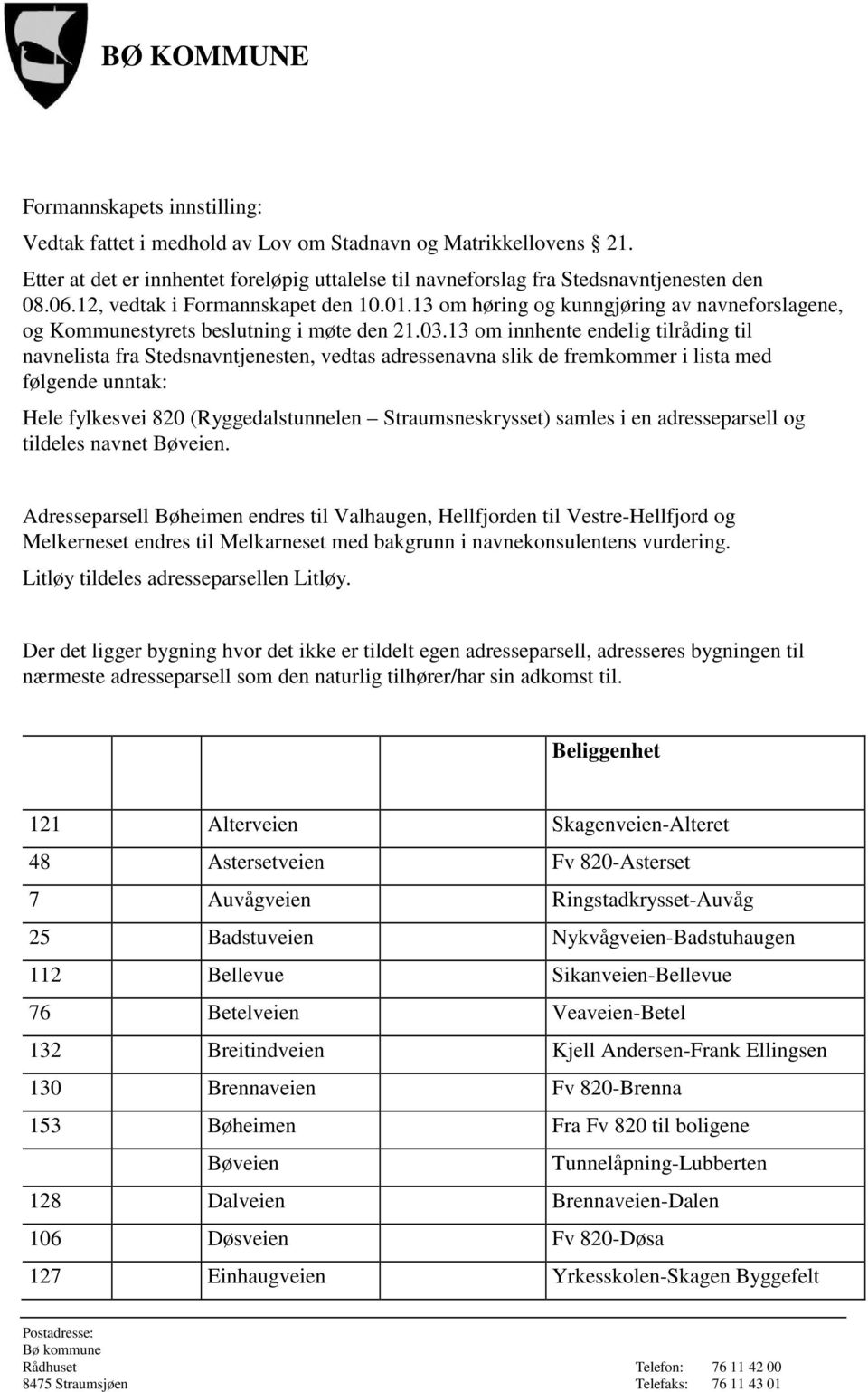 13 om innhente endelig tilråding til navnelista fra Stedsnavntjenesten, vedtas adressenavna slik de fremkommer i lista med følgende unntak: Hele fylkesvei 820 (Ryggedalstunnelen Straumsneskrysset)