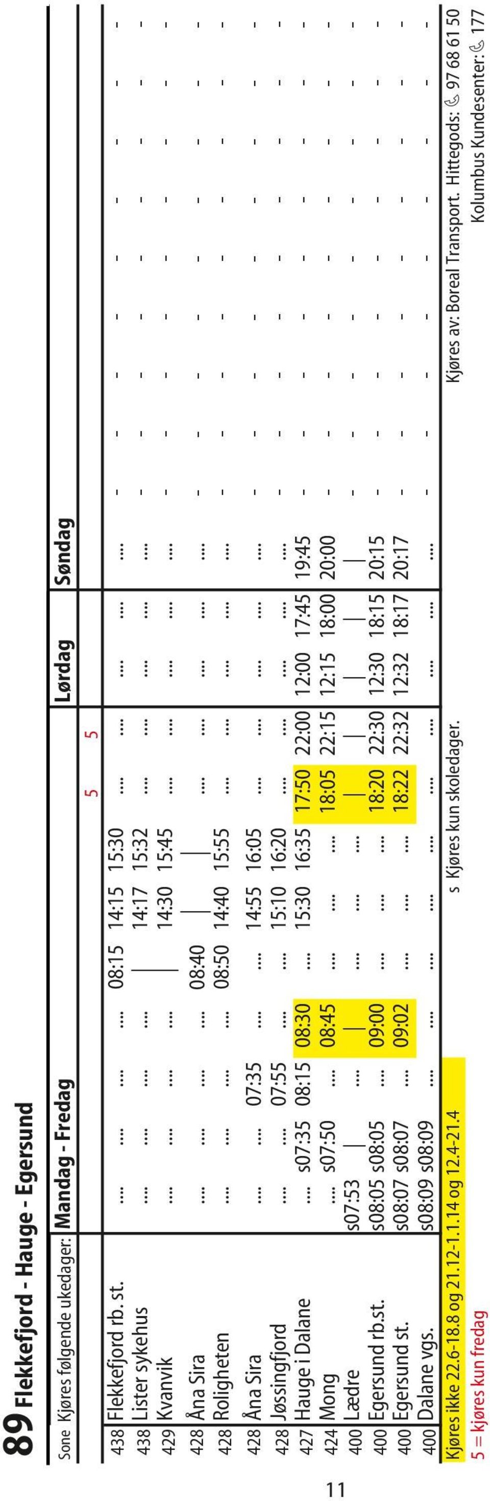 ........... 08:50 14:40 15:55............... - - - - - - - - - 428 Åna Sira...... 07:35...... 14:55 16:05............... - - - - - - - - - 428 Jøssingfjord...... 07:55...... 15:10 16:20.