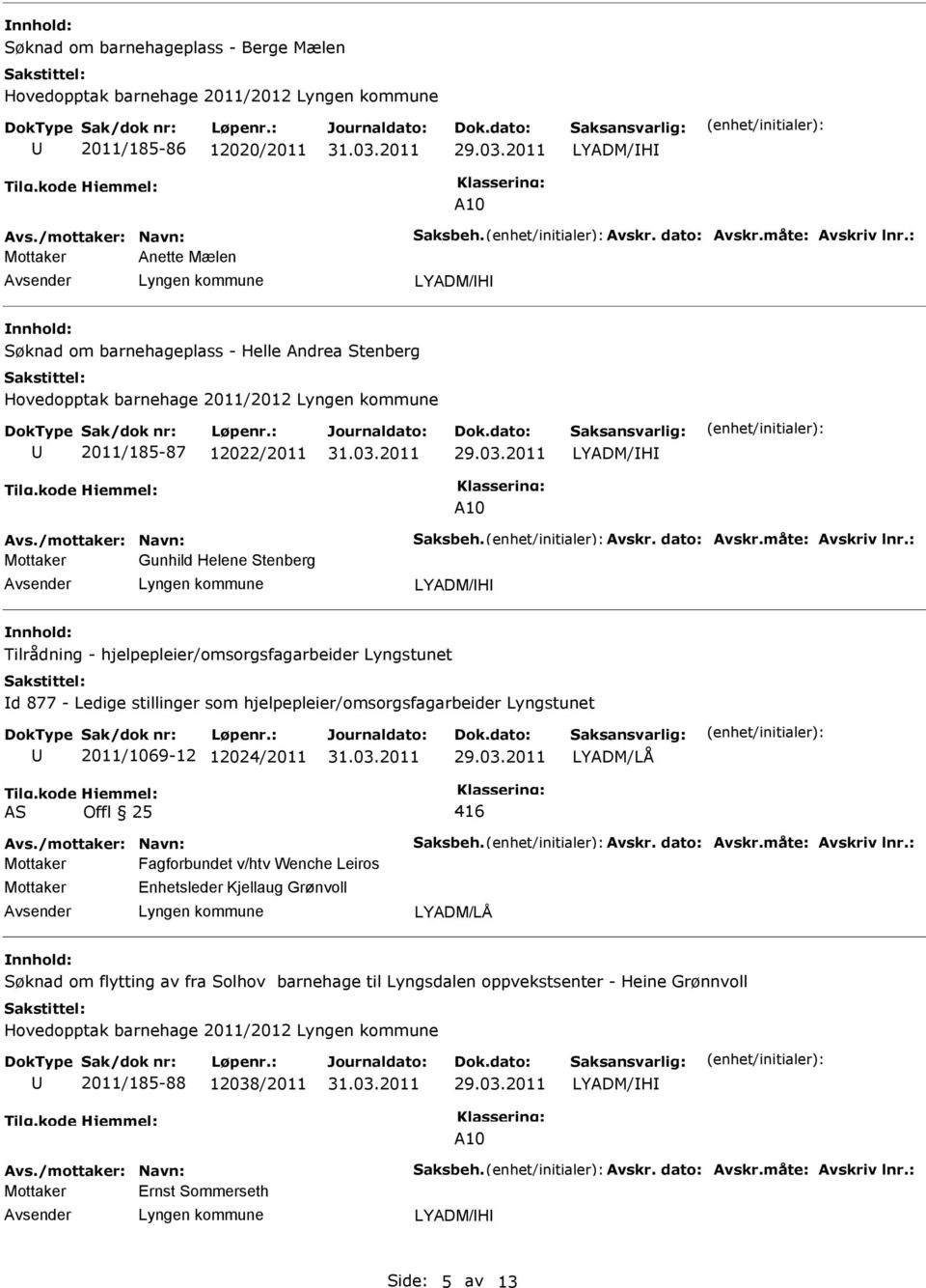 stillinger som hjelpepleier/omsorgsfagarbeider Lyngstunet 2011/1069-12 12024/2011 416 Fagforbundet v/htv Wenche Leiros Enhetsleder Kjellaug Grønvoll Søknad