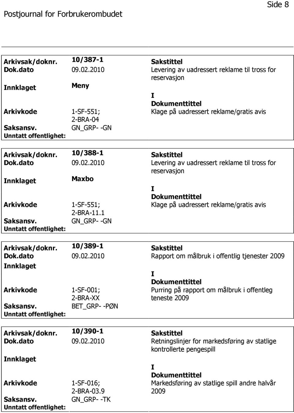 2010 Levering av uadressert reklame til tross for reservasjon nnklaget Maxbo 1-SF-551; 2-BRA-11.1 Klage på uadressert reklame/gratis avis GN_GRP- -GN Arkivsak/doknr. 10/389-1 Sakstittel Dok.dato 09.