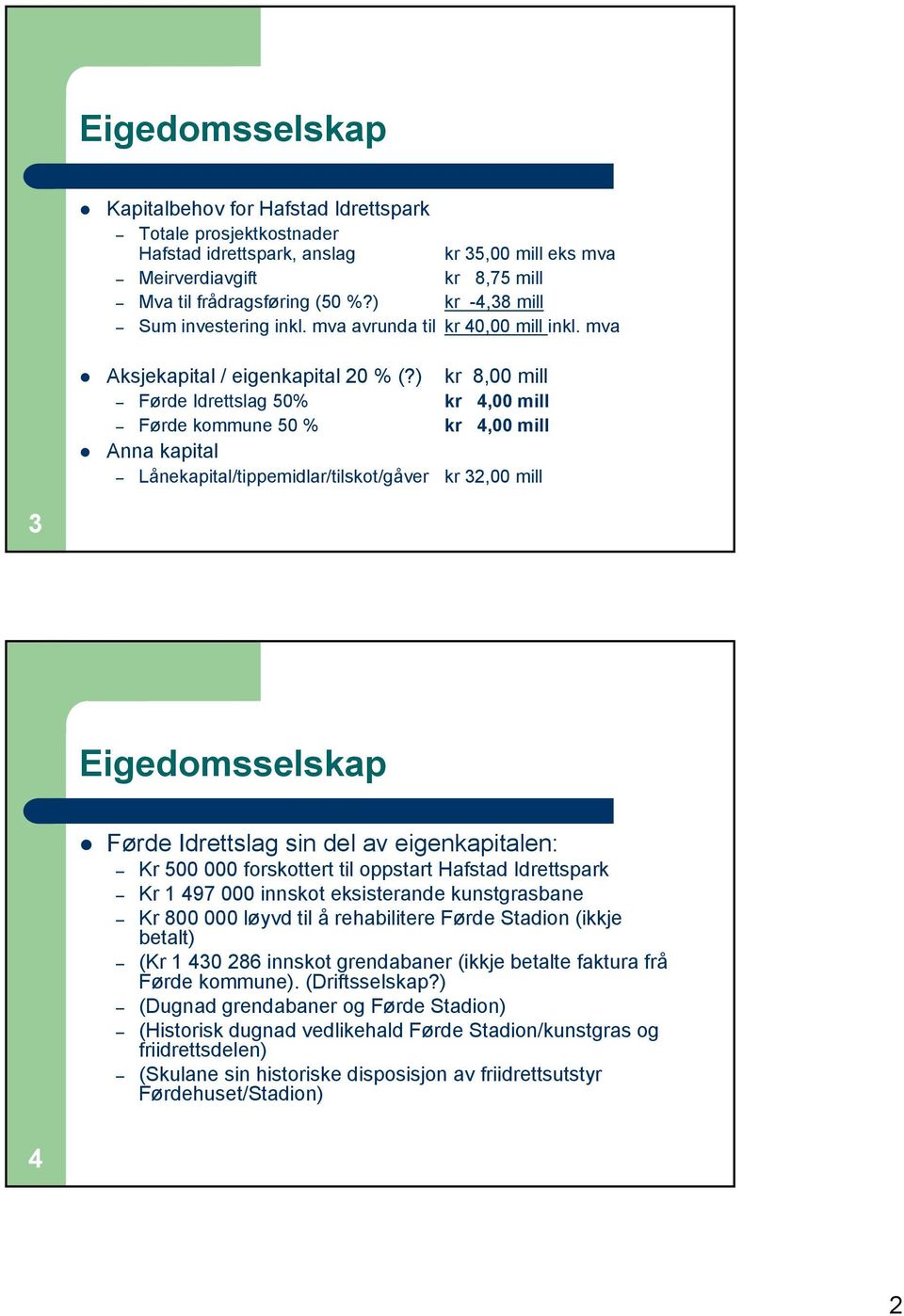 ) kr 8,00 mill Førde Idrettslag 50% kr 4,00 mill Førde kommune 50 % kr 4,00 mill Anna kapital Lånekapital/tippemidlar/tilskot/gåver kr 32,00 mill 3 Eigedomsselskap Førde Idrettslag sin del av