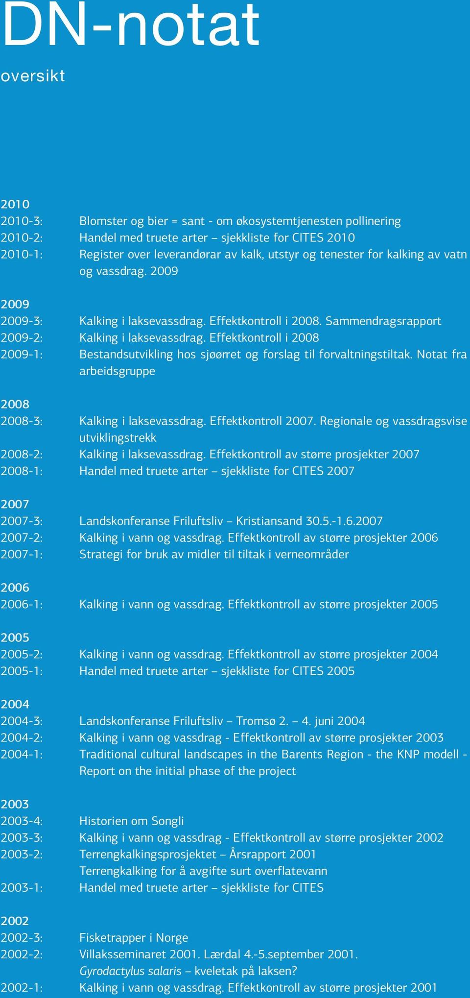 Effektkontroll i 2008 2009-1: Bestandsutvikling hos sjøørret og forslag til forvaltningstiltak. Notat fra arbeidsgruppe 2008 2008-3: Kalking i laksevassdrag. Effektkontroll 2007.