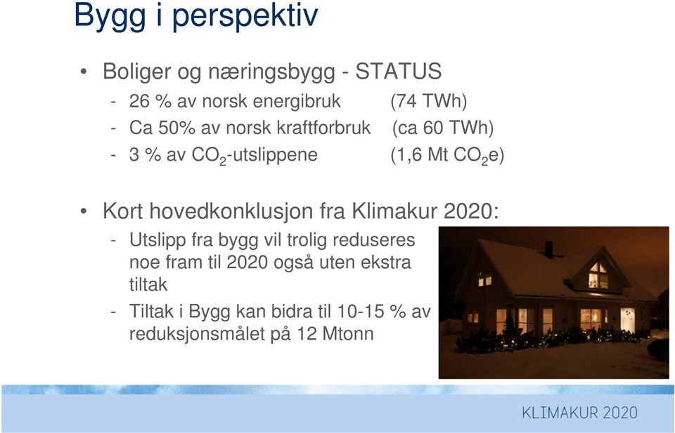 hovedkonklusjon fra Klimakur 2020: - Utslipp fra bygg vil trolig reduseres noe fram til