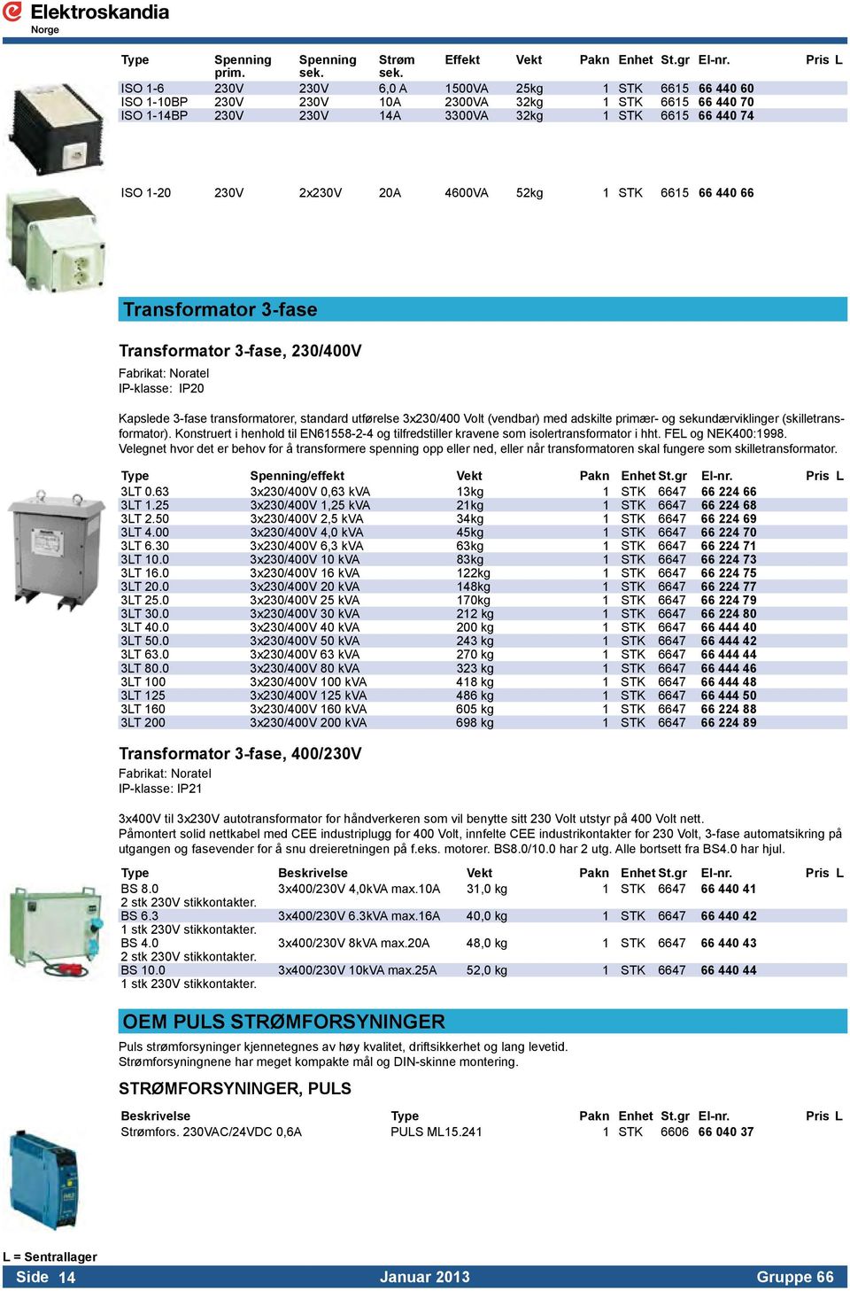 4600VA 52kg 1 STK 6615 66 440 66 Transformator 3-fase Transformator 3-fase, 230/400V IP-klasse: IP20 Kapslede 3-fase transformatorer, standard utførelse 3x230/400 Volt (vendbar) med adskilte primær-