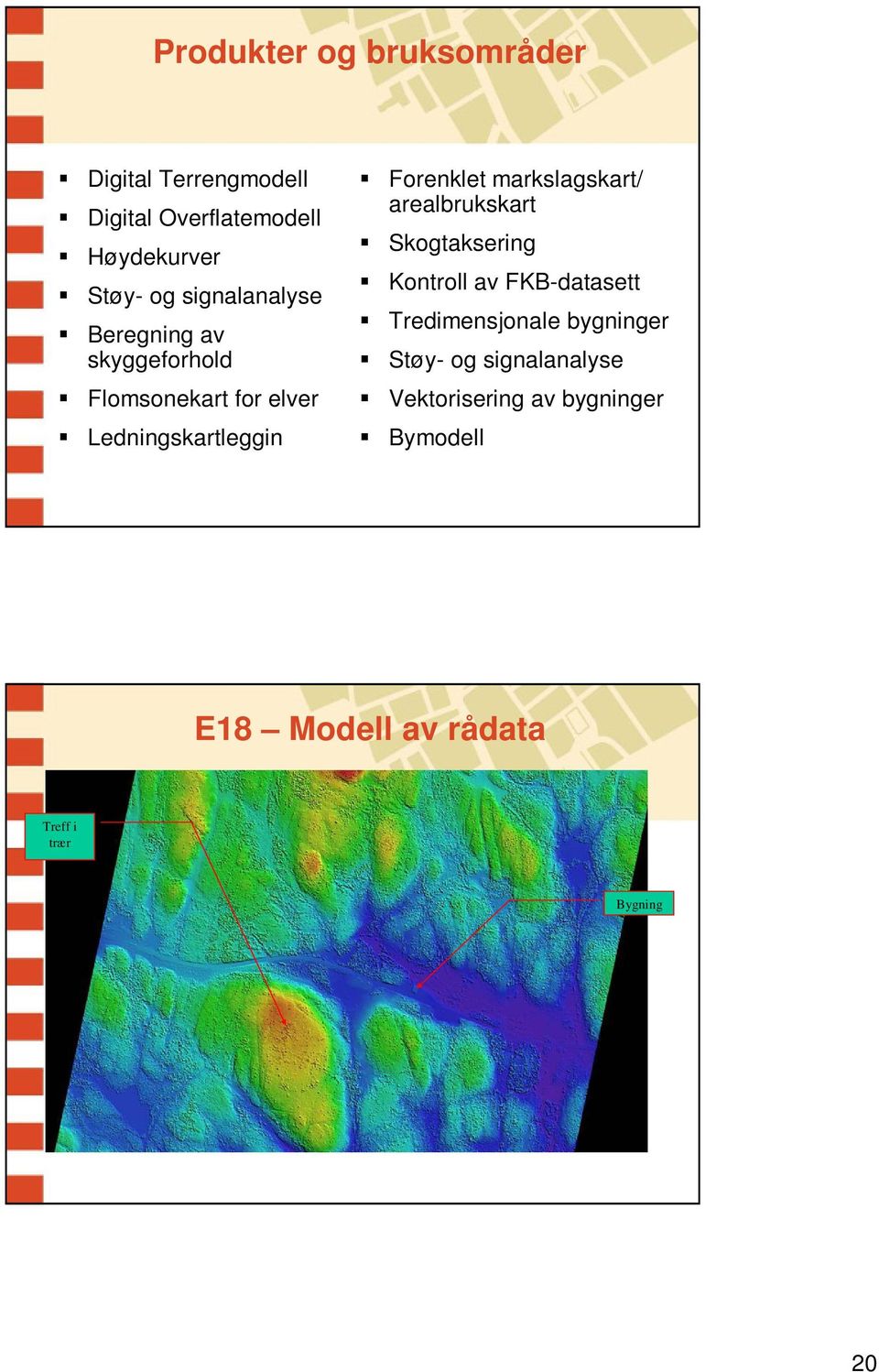 Kontroll av FKB-datasett Tredimensjonale bygninger Støy- og signalanalyse Flomsonekart for